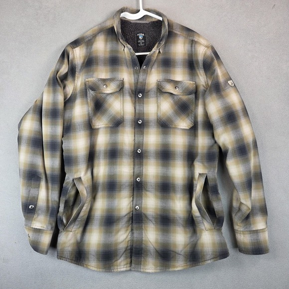 Kuhl Shirt Jacket Mens Medium Plaid Sherpa Fleece Lined Shacket Gray Tan 7253 - Picture 1 of 12